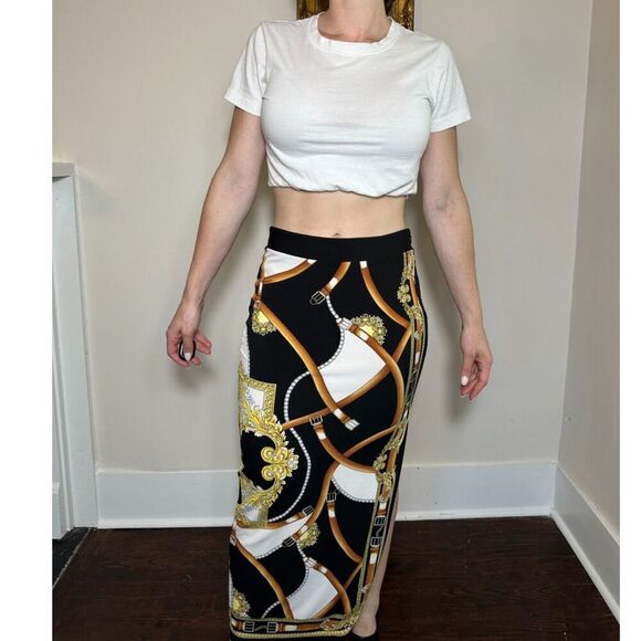 Vintage Cache Black and Gold Chain Patterned Midi Skirt Back Slit Size 4 - Picture 1 of 4